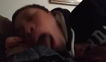 Short-haired ebony teen cutie gets her mouth filled with a thick brown meat rod