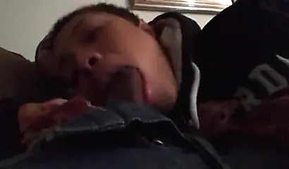 Short-haired ebony teen cutie gets her mouth filled with a thick brown meat rod