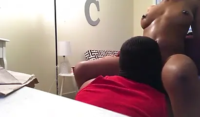 Ebony girl gets her cunt and ass licked by a douche with a mask and she loves it