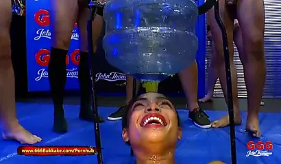 Ebony Luna Corazon sucks dicks and earns a sexy reward made of piss and cum