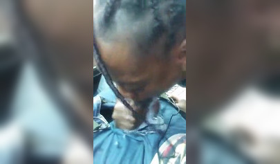 Ebony deepthroats a massive dick and then takes a big load of cum in her mouth