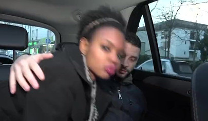 Ebony chick sucks a dick in public and then gets fucked by two guys in a room