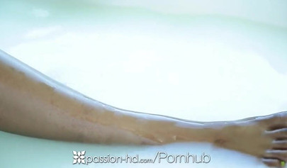 Hot ebony girl bathes and then sucks and fucks a huge white dick and adores it