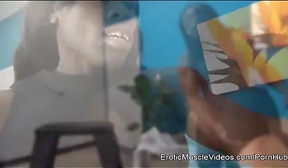 Black girl with muscles tortures her man by spanking him together with a friend