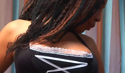 Ebony French maid fingers her pussy, but when that is not enough, she uses toys