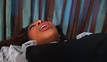 Ebony French maid fingers her pussy, but when that is not enough, she uses toys