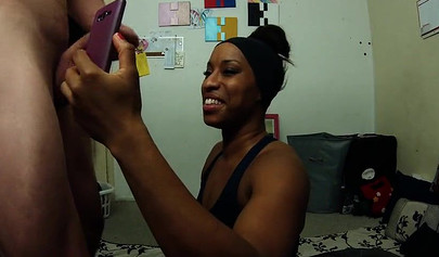 Black babe is so proud of her cock sucking skills that she has to take a snap