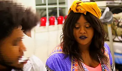 Black babe makes her lover's cock large by giving him a footjob and rides him