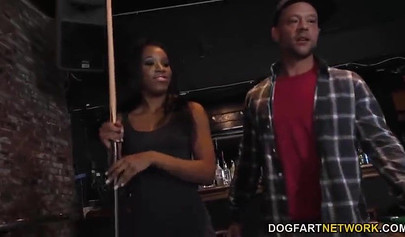 Young ebony stunner has her pussy drilled by many dicks after deepthroating them