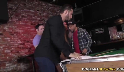 Young ebony stunner has her pussy drilled by many dicks after deepthroating them