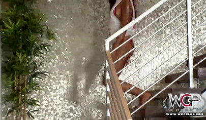 Slim black babe with red hair fingers her pussy as her ass is impaled balls deep