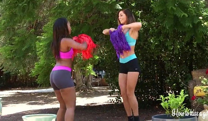 Nasty ebony cheerleader fucks her girlfriend by diving deep in her tight pussy