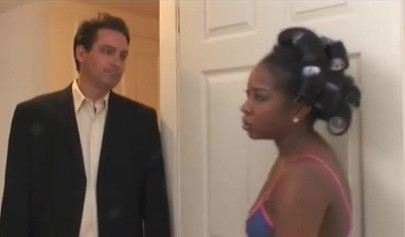 Dominant ebony gags her man and fucks him with a strap on before jerking him off