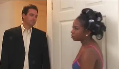 Dominant ebony gags her man and fucks him with a strap on before jerking him off