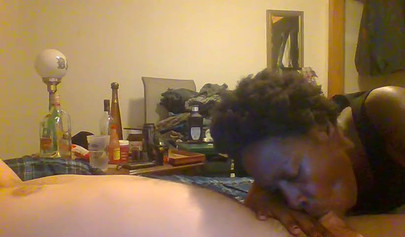 Curly ebony amateur gives a long and sloppy blowjob and deepthroat to a white cock