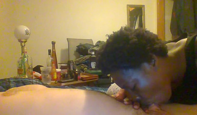 Curly ebony amateur gives a long and sloppy blowjob and deepthroat to a white cock