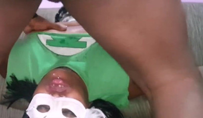 Chubby ebony with a blindfold has her mouth and her pussy fucked rough and hard