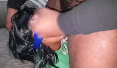 Chubby ebony with a blindfold has her mouth and her pussy fucked rough and hard