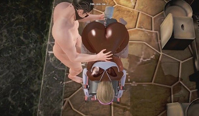 Animated ebony babe rides a huge white cock before another joins for a threesome