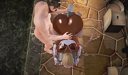 Animated ebony babe rides a huge white cock before another joins for a threesome