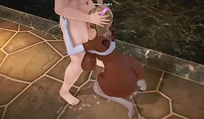 Animated ebony babe rides a huge white cock before another joins for a threesome