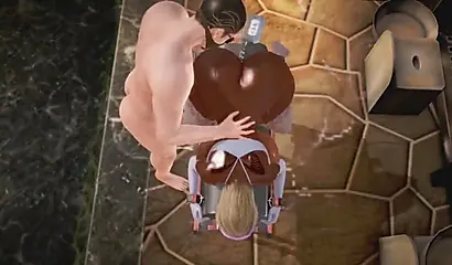 Animated ebony babe rides a huge white cock before another joins for a threesome