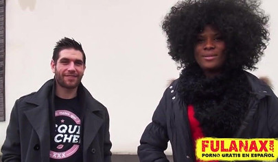 Sensual black babe with curly hair stripped naked and used by two big horny dicks