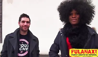 Sensual black babe with curly hair stripped naked and used by two big horny dicks