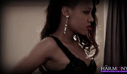 Glamorous ebony babe fucked by two hard dicks in a threesome and sprayed with cum