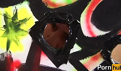 Luscious black nurse enjoys fucking multiple big hard cocks in a glory hole booth