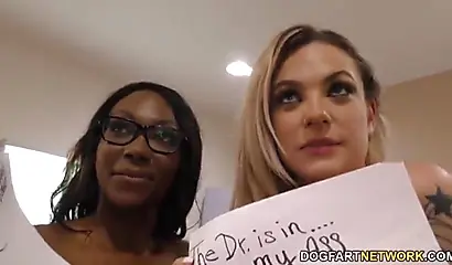 Beautiful ebony nurse seduces her blonde patient for a sensual lesbian fucking