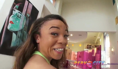 Innocent ebony nubile deepthroats a huge white cock and swallows loads of cum