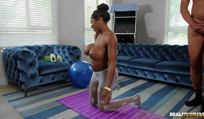 Black wife with huge silicone tits uses her hubby's big cock