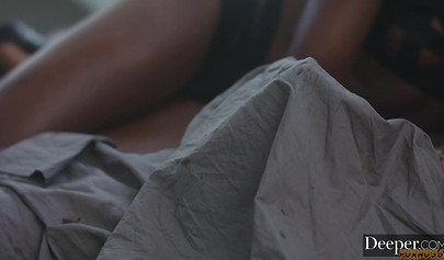 Lustful ebony using a huge white cock for pleasure