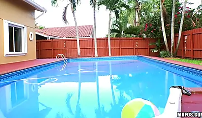 Petite black teen gets her tight pussy rammed by the pool