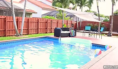 Petite black teen gets her tight pussy rammed by the pool