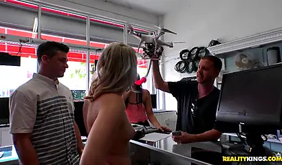 Sexy shopgirls share a manager's dick in the storeroom