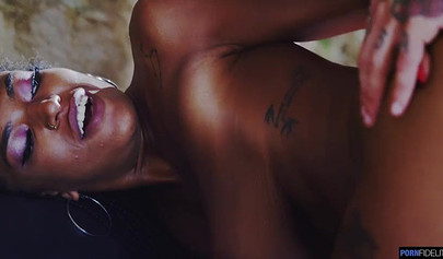 Gorgeous ebony giving blowjob and riding a white dick