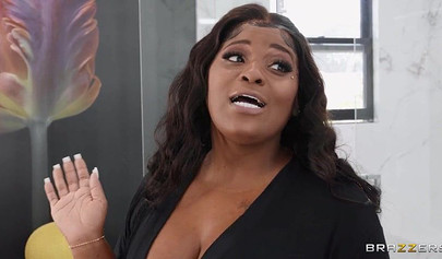 Busty BBW is serving two white cocks in the bathroom