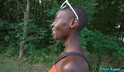 Amateur ebony is sucking a thick white cock in the woods