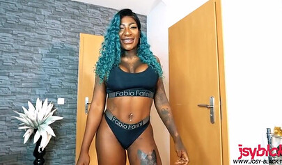 Blue-haired black beauty Josy Black gets fucked in a doggystyle position