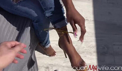 Hot ebony wife finds a fuck buddy on beach & swallows his cum
