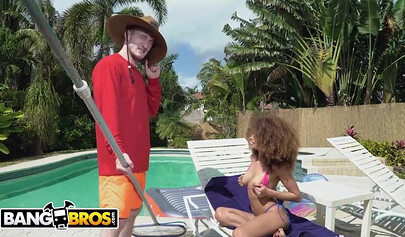 Sweet ebony babe Cecilia Lion seduces the pool guy Brick Danger