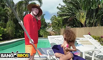Sweet ebony babe Cecilia Lion seduces the pool guy Brick Danger